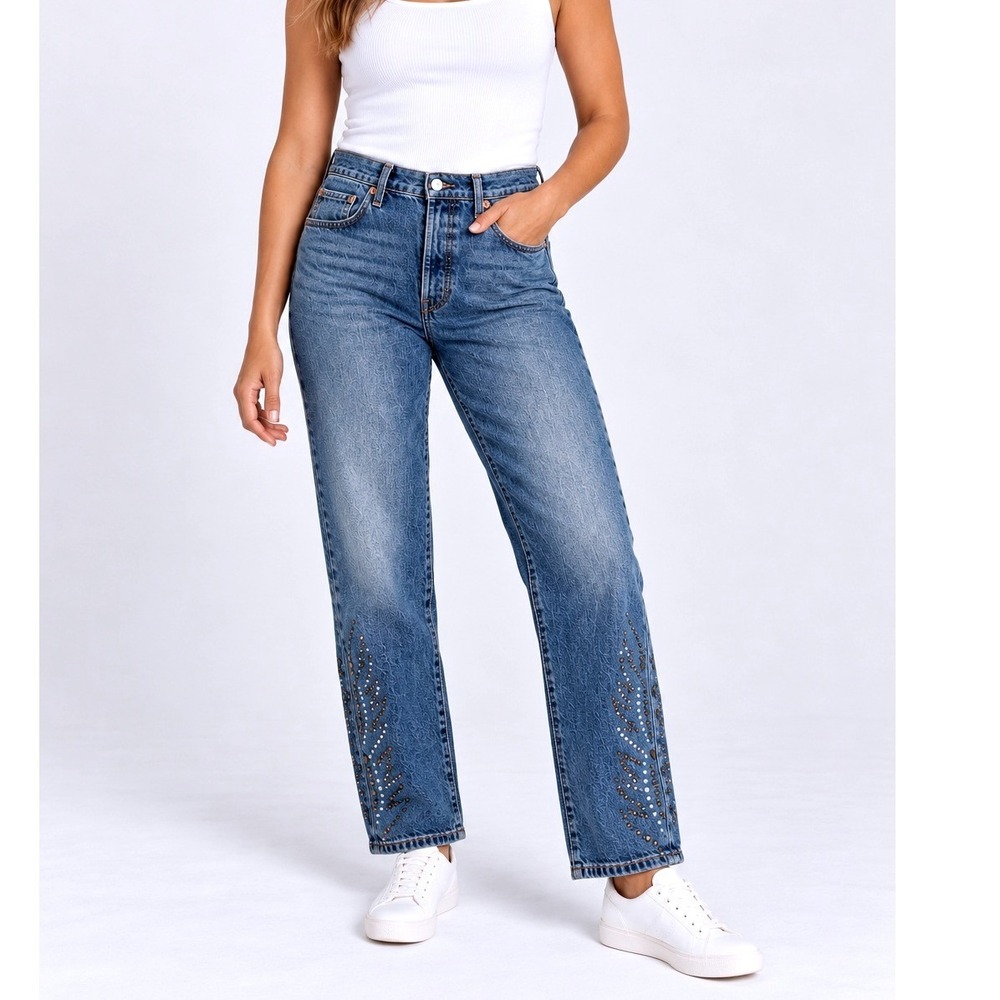 Levis 501 Curve Stretch High Rise Straight Leg Blue Embellished Jeans 30x30